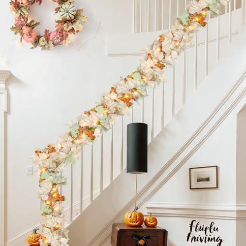 9Ft Connectable Lighted Fall Garland with 50 Incandescent Bulbs - Indoor Outdoor Thanksgiving Decor