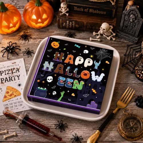 Black Halloween Napkins 50 Pack - Cute Monster & Pumpkin Party Table Decor Variation