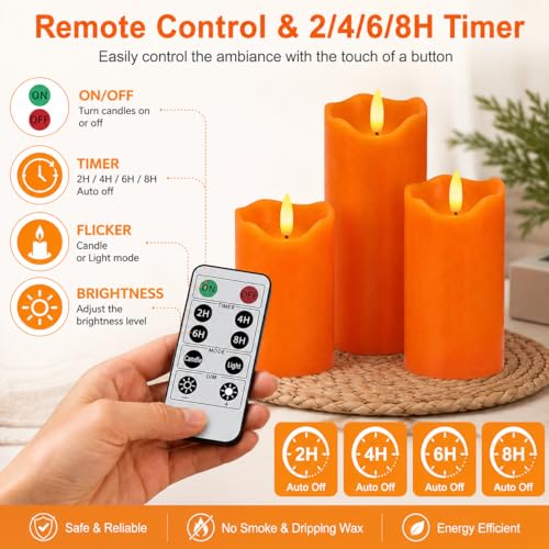 Orange Flameless Pillar Candles Set - 3 Sizes with Remote & Timer - Halloween Decor