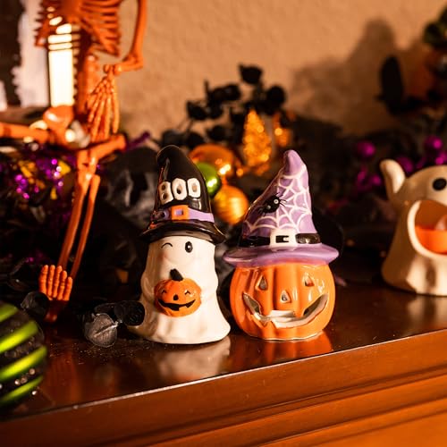 Halloween Ceramic Figurines with Lights - Jack o Lantern & Ghost Decor, 2 Pack
