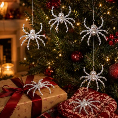 6-Pack Beaded Crystal Spider Ornaments for Halloween & Christmas Decor