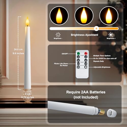 Flameless Taper Candles with Remote & Timer - 9.6 Inches, White - 6 pcs