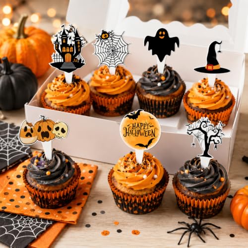 Halloween Cupcake Toppers Pack - Spooky Pumpkin, Black Cat, Bat & Ghost Decorations