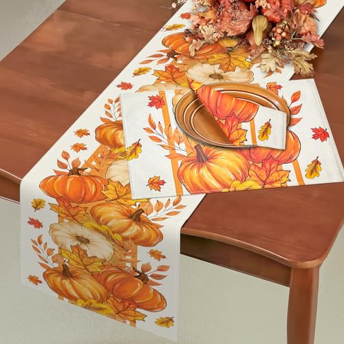 Fall Table Runner 13x108 Inch - Pumpkin & Maple Leaf Design, Yellow Fall Variation