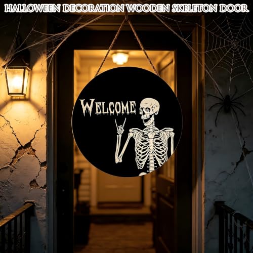Halloween Wooden Skeleton Sign - Front Door Decor, Rock Gesture & Welcome Text - Skeleton Variation