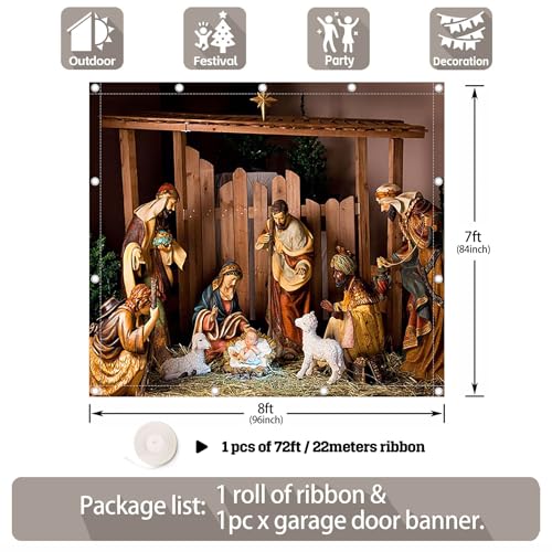 Christmas Birth of Jesus Garage Door Banner Decoration - 8x7ft, Holiday Nativity Scene