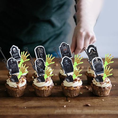 Halloween Skeleton Zombie Hand Cupcake Toppers & Shovel Spoons - Design 13