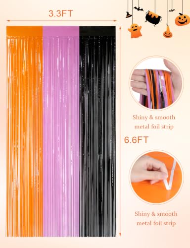 Halloween Tinsel Fringe Curtain Backdrop Decorations - Orange, Purple & Black, Reusable Party Decor