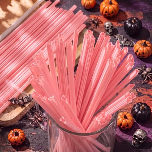 Potchen 100 Pcs Pink Halloween Ghost-Shaped Plastic Drinking Straws