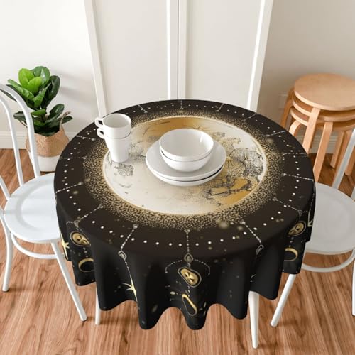 Mutakin Astrology Moon Art Round Tablecloth - Washable 60 Inch Home Decor