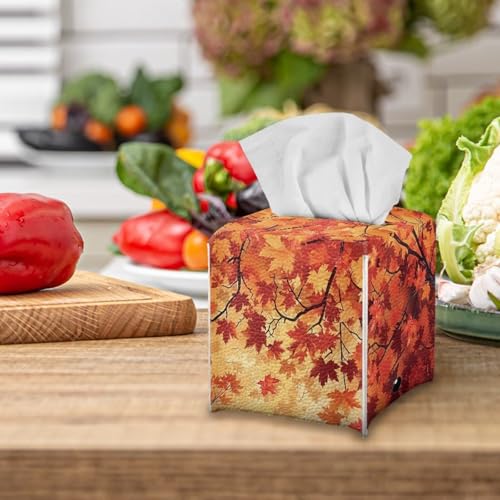 Fall Maple Leaf Leather Tissue Box Cover for Living Room & Bathroom - Easy to Install, Washable