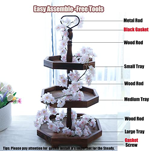Wooden 3-Tier Rustic Black Serving Tray Farmhouse Cupcake Stand & Kitchen Organizer