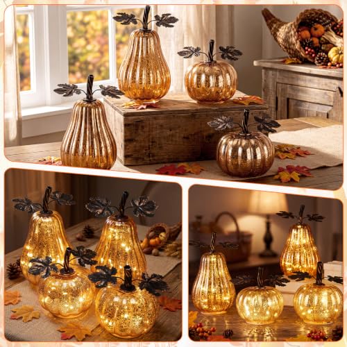 Glooglitter 4-Piece Gold Glass Pumpkin Lighted Fall Thanksgiving Decor - Layered Heights with Timer