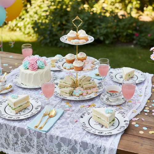 Chinoiserie Black 3-Tier Floral Ceramic Cake Stand - Wedding & Party Decor