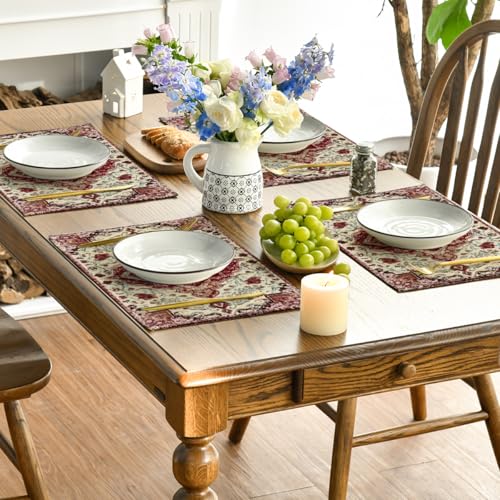 12x18 Inch Red Beige Boho Placemats Set of 4 - Rustic Farmhouse Table Decor