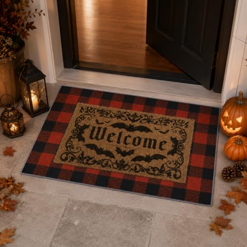 Brown Halloween Door Mat Set - Bat Welcome Doormat & Checkered Entry Rug