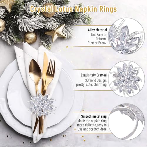 12 Pcs Christmas Lotus Flower Napkin Rings Set - Silver Rhinestone Holiday Table Decor