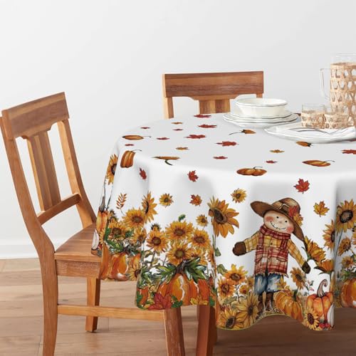Horaldaily Fall Round Tablecloth 90 Inch White Scarecrow Pumpkin Sunflower