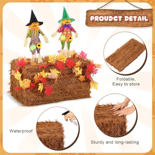 Fall Thanksgiving Hay Bales Set with Scarecrow & Maple Leaf Garland - Weatherproof Decor