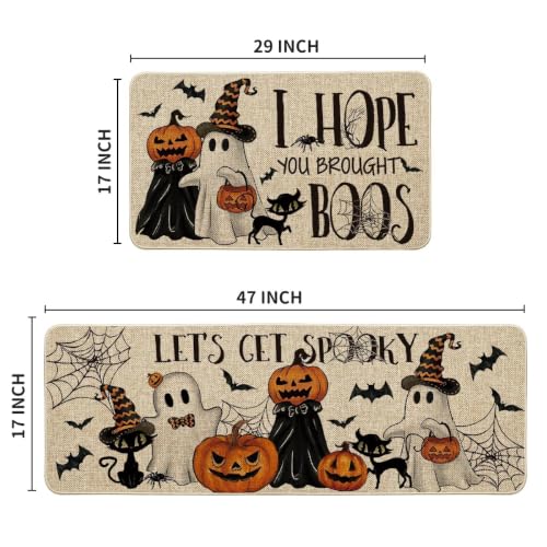 Halloween Spider Web Kitchen Mats Set of 2 - 17x29 & 17x47 Inches, Beige