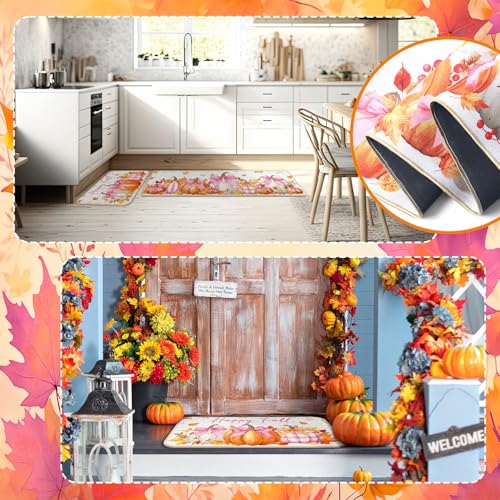Pink Bow Pumpkin Kitchen Mats Set - Non Slip Fall Decor, 2 Sizes