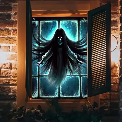 Halloween Floating Ghost Window Cover - 31x47 Inch Polyester, Ghost Girl Variation