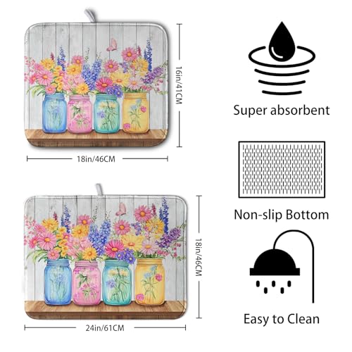 Daisy Flower Dish Drying Mat for Kitchen Counter - Pink, 16x18 Inch