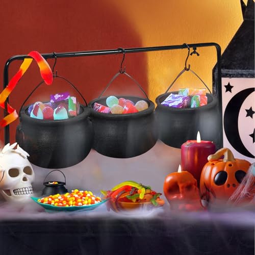 Halloween Cauldron Serving Bowls Set - 3 Black Witches Cauldrons with Rack