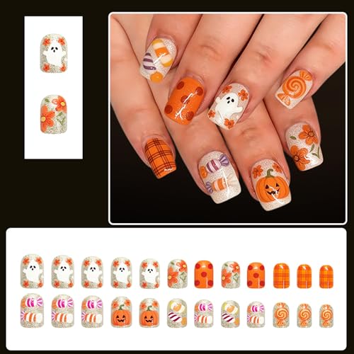 Halloween Press On Nails Short Square Ghost Pumpkin Glitter Set - 8 Pairs