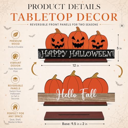 Halloween Double Sided Wooden Tabletop Decor Pumpkin Sign 12x5 Inch for Farmhouse & Seasonal Displays