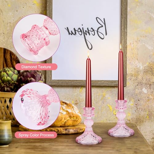 Pink Glass Candle Holder Set - 2PCS Decorative Pillar Candle Stands for Weddings & Events