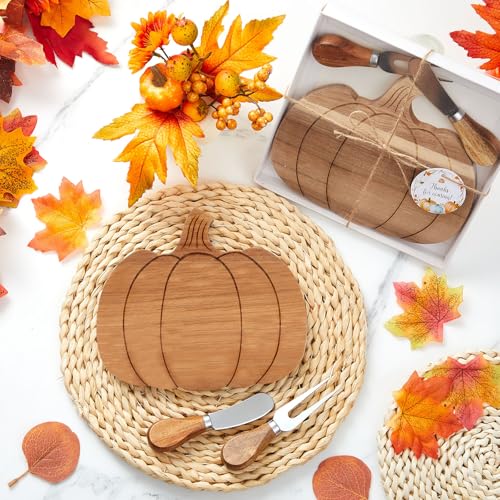 Pumpkin Charcuterie Board Set - Fall Wood Decor with 2 Knives & Forks, 12 Sets