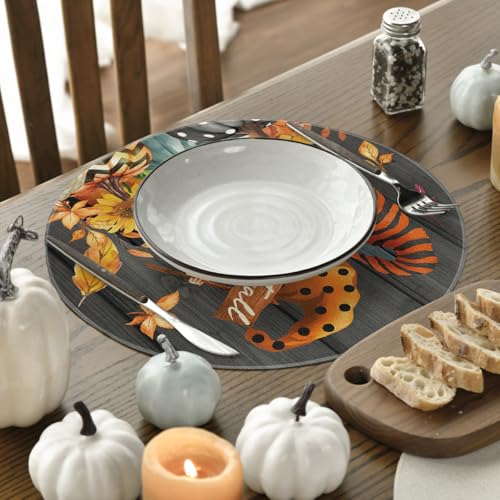 14-Inch Round Fall Pumpkin Gnomes Leaves Placemat Set of 4 - Black Variation