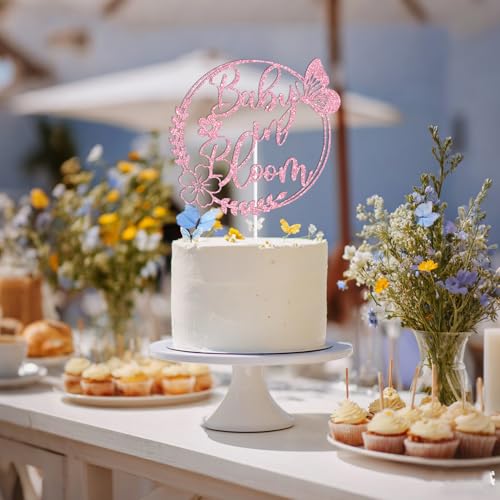 Pink Glitter Baby in Bloom Cake Topper - Spring Baby Shower & Gender Reveal Decor