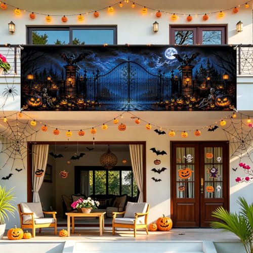Halloween Fence Banner Large Waterproof Outdoor Decor with Gothic Gate & Haunted Castle - Variation 277-1