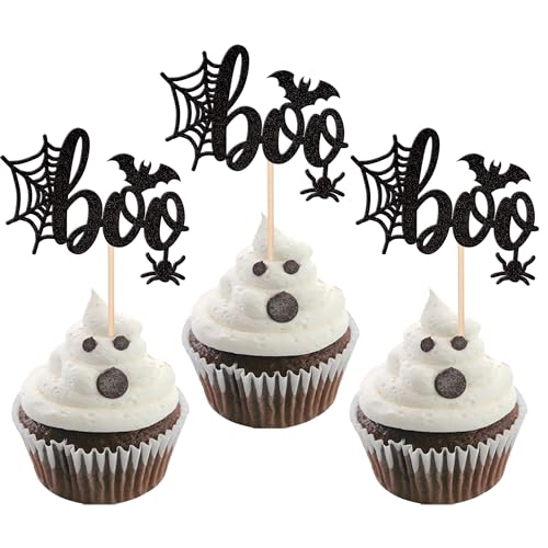 Halloween Boo Cupcake Toppers Glitter Spider Web Bat Set - Pattern A4, 24 pcs