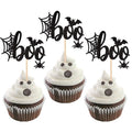 Halloween Boo Cupcake Toppers Glitter Spider Web Bat Set - Pattern A4, 24 pcs
