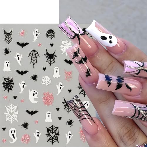 Halloween Nail Stickers 8Pcs Ghost Spider Web 3D Rhinestone Decals for Women DIY Nails - Diamond Spider Ghost Variation