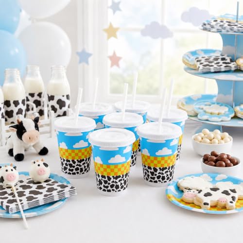 Cartoon Story 24 Pcs Party Cups with Lids & Straws - 16 oz Reusable Plastic for Birthday & Celebration - Blue & White Clouds