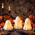 3-Pack Ceramic Ghost Halloween Decorations with Warm Amber LED Glow - Indoor Spooky Decor