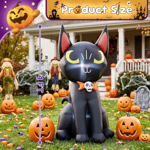 Inflatable Black Cat Halloween Decoration with LED Lights & Skeleton Badge - 4ft