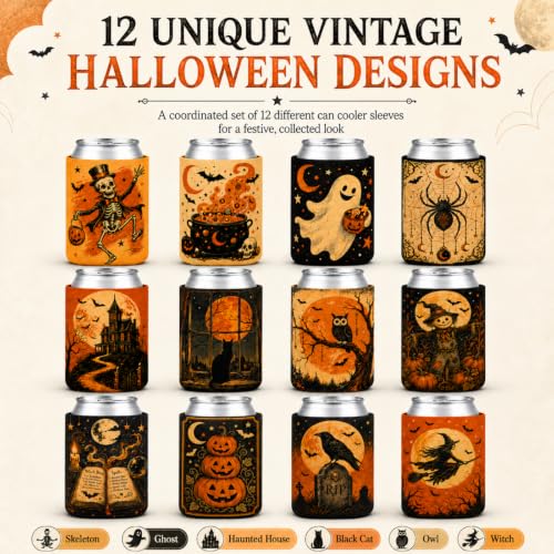 Halloween Can Cooler Sleeves Set - Vintage Skeleton, Ghost & Spooky Designs (DD)