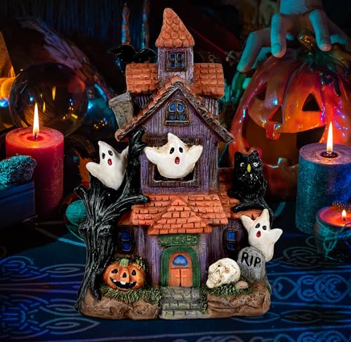 Halloween Haunted House Figurine - Spooky Resin Village Display Decor, 9 Inch