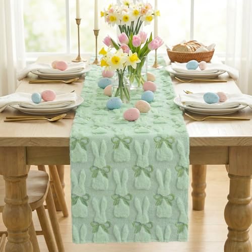 Sage Green Faux Fur Bunny Bow Table Runner 13x72 Inch Easter Spring Decor