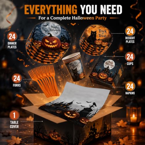 Halloween Party Supplies Set for 24 Guests - Plates, Napkins, Cups, Forks & Tablecloth - Halloween