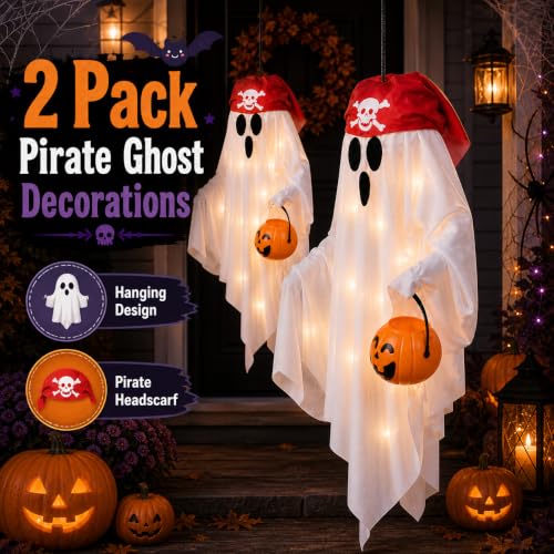 Halloween Pirate Ghost Decorations Set with Lights - White, 29 Inches