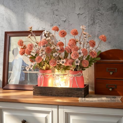 Mason Jar Lights Centerpiece with Wood Tray - Orange Red Floral Decor