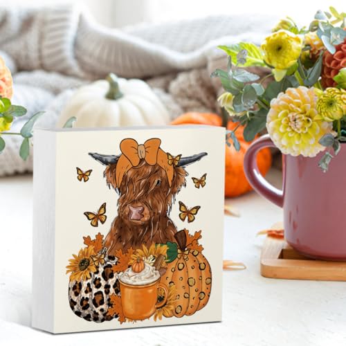 Fall Highland Cow Pumpkin Coffee Decor Wooden Box - Autumn Home Accent