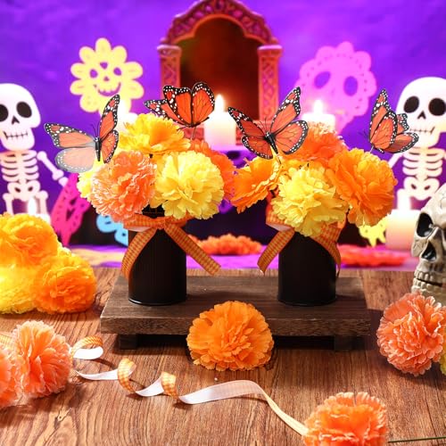 Dia De Los Muertos Altar Decorations Set - 110 Pcs with Marigold Flowers Monarch Butterflies Ribbon