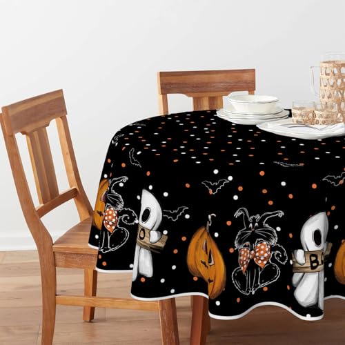 Halloween Tablecloth 90x90 Inch Round Jack-O-Lantern Ghost Cat Black & Orange